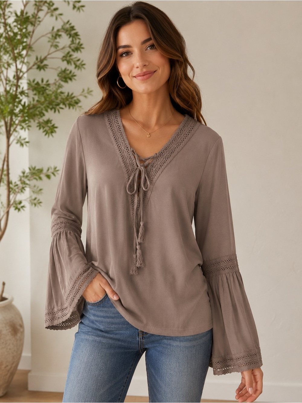 Doe & Rae Boho Bell Sleeve Lace Trim Tie Neck Top Taupe Size Medium NWT